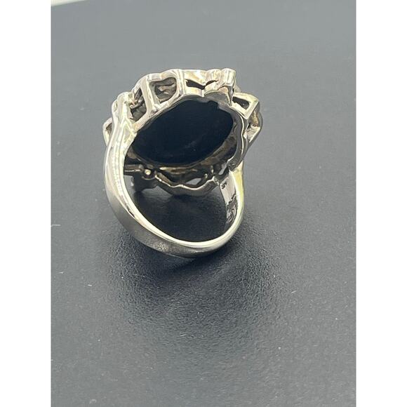 SU Vintage Sterling Silver Black OnyxCameo Ornate Filigree Setting Ring Sz 7.25 - Picture 7 of 8